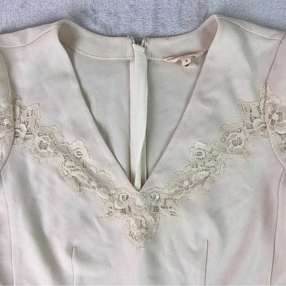 Rebecca Taylor Crepe Lace Inset Top Size 8 Beige Pleated 3/4 Sleeve V Neck - Picture 3 of 13